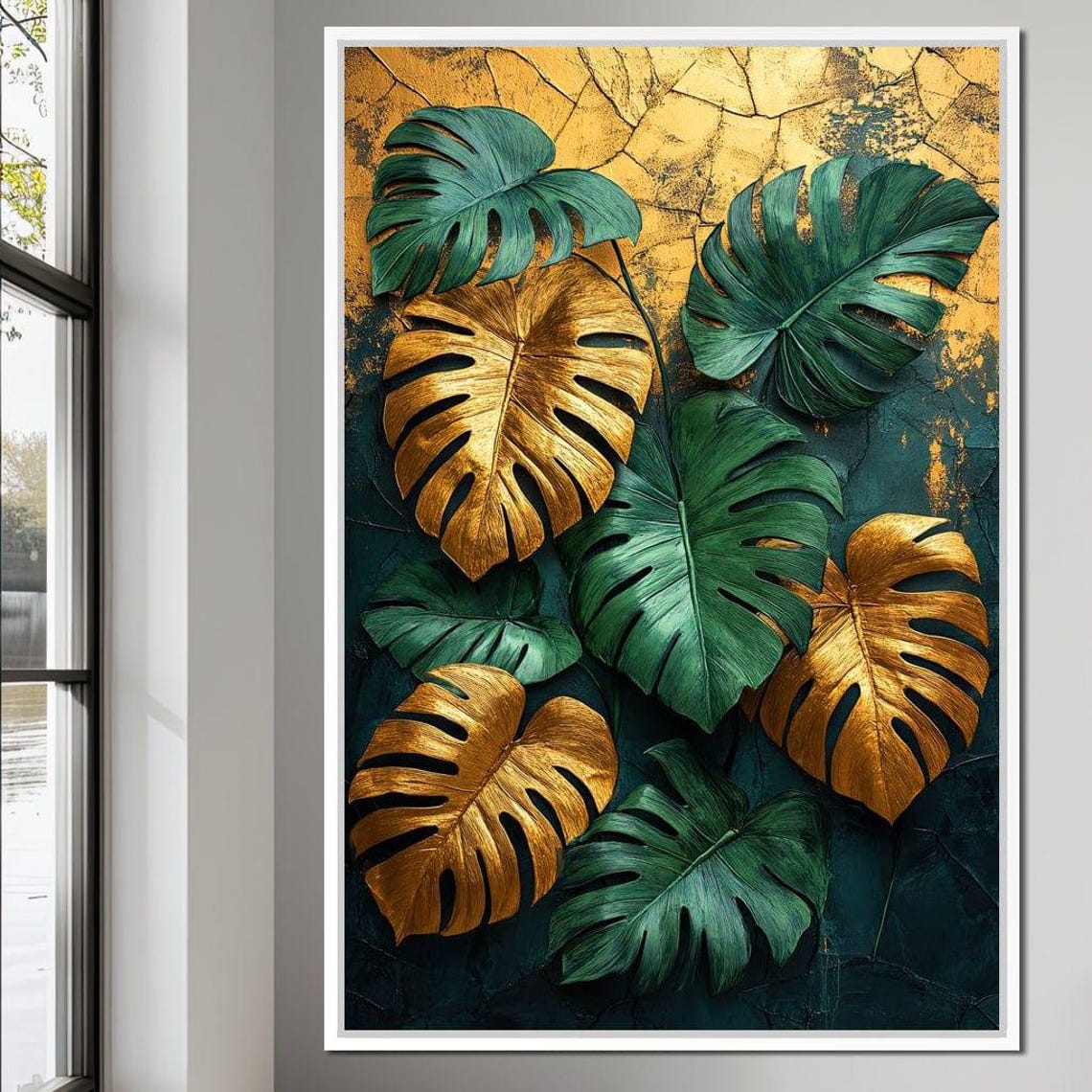Gold Green Monstera Leaves Cracked Emerald Texture Botanical Art - Image 2