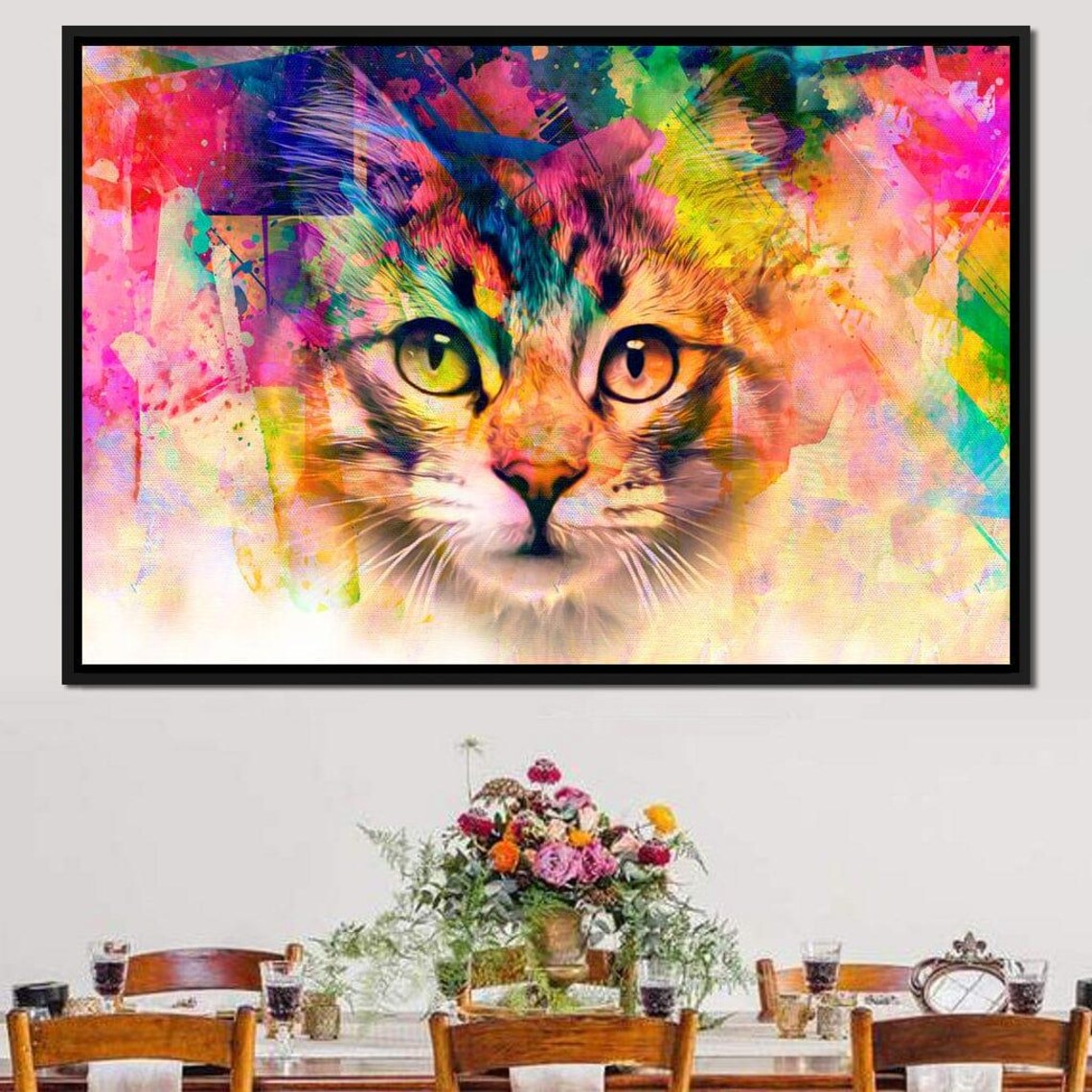 Colorful Rainbow Cat Face Watercolor Abstract Whimsical Feline Wall Art - Image 2