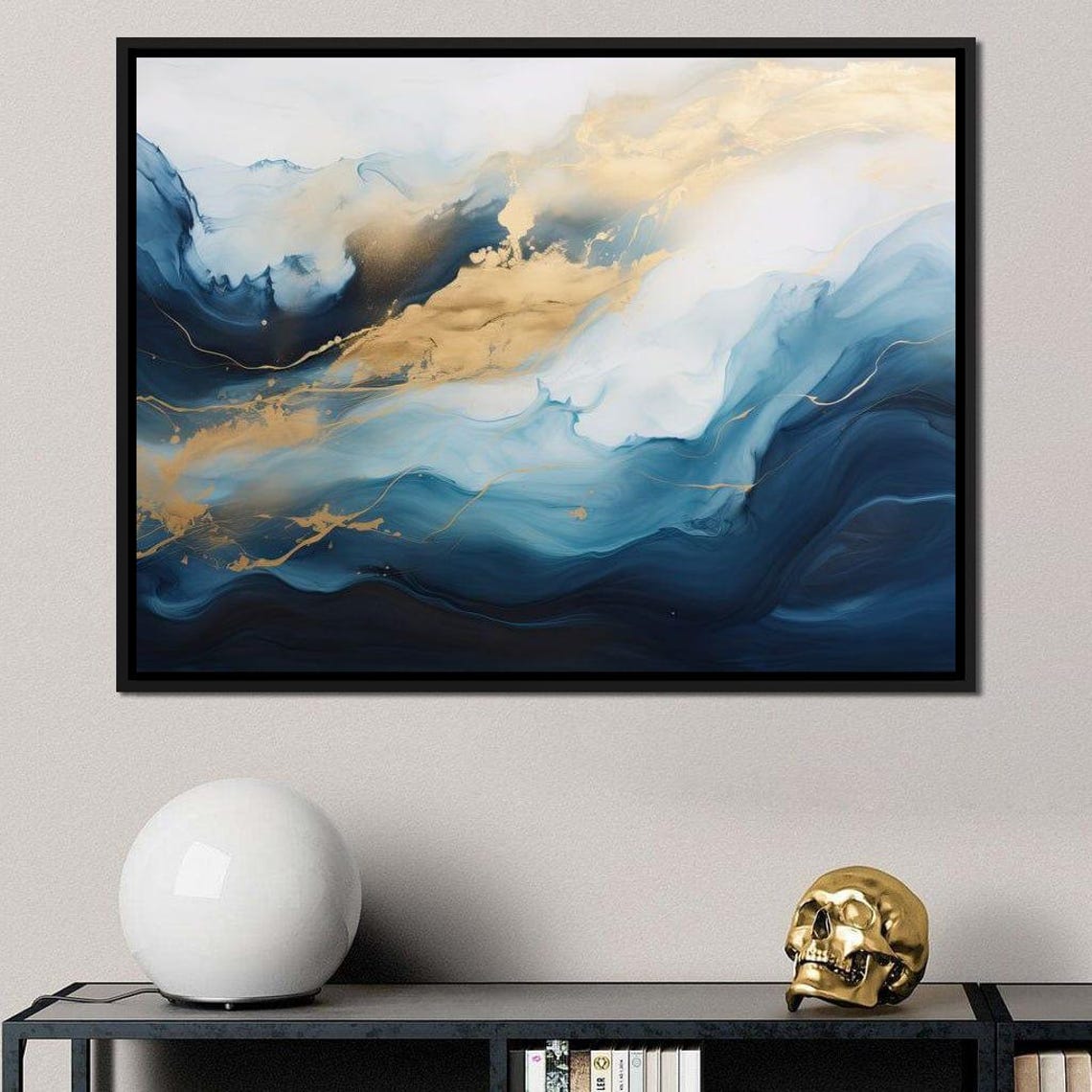 Blue Gold Fluid Marble Wave Five Panel Coastal Abstract Wall Art - Image 3