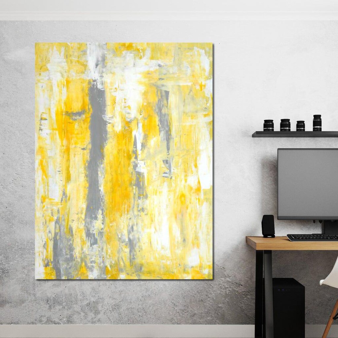 Yellow Grey White Brushstroke Modern Abstract Painting Wall Art - Image 2