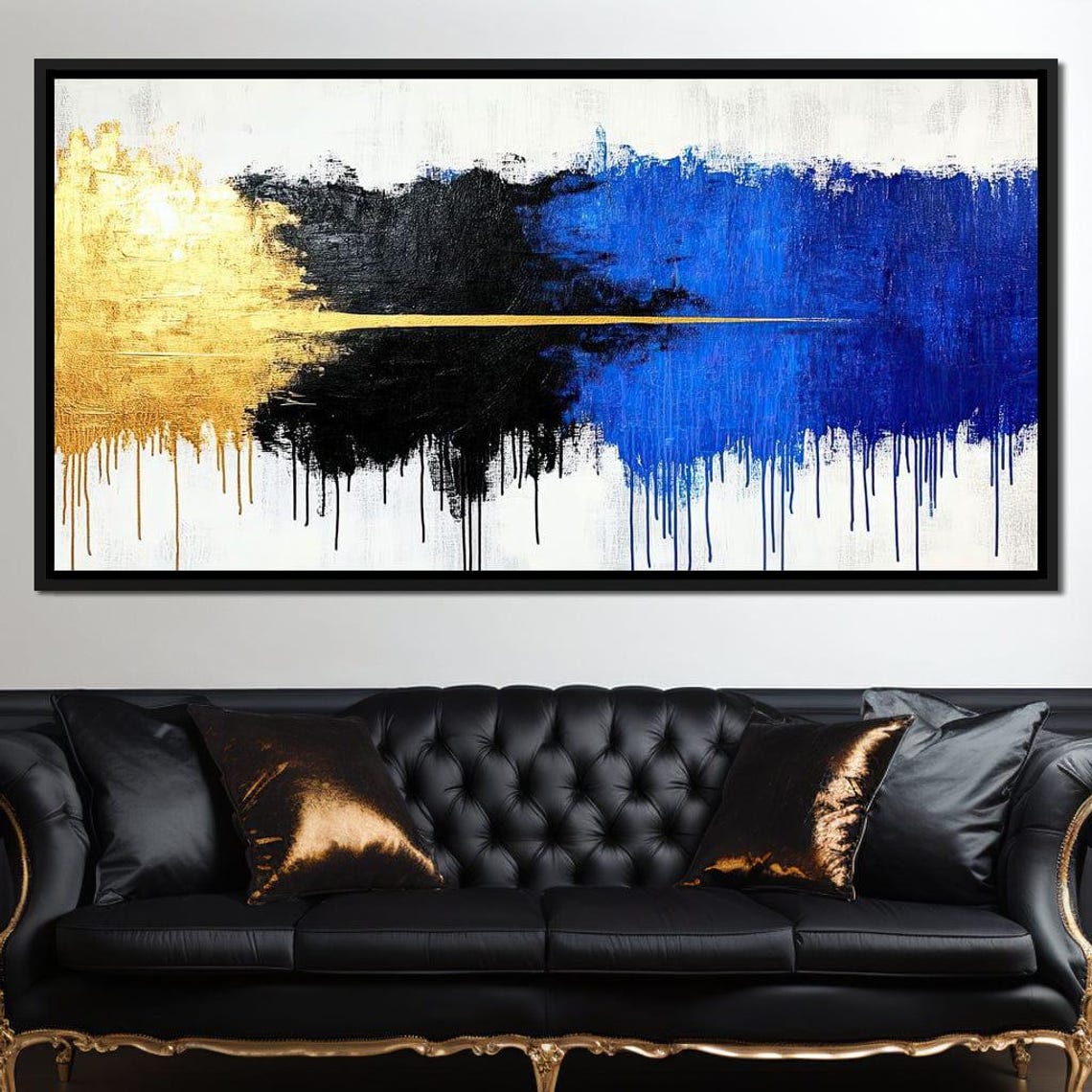 Gold Black Blue Abstract Dripping Paint Horizontal Canvas Poster - Image 3
