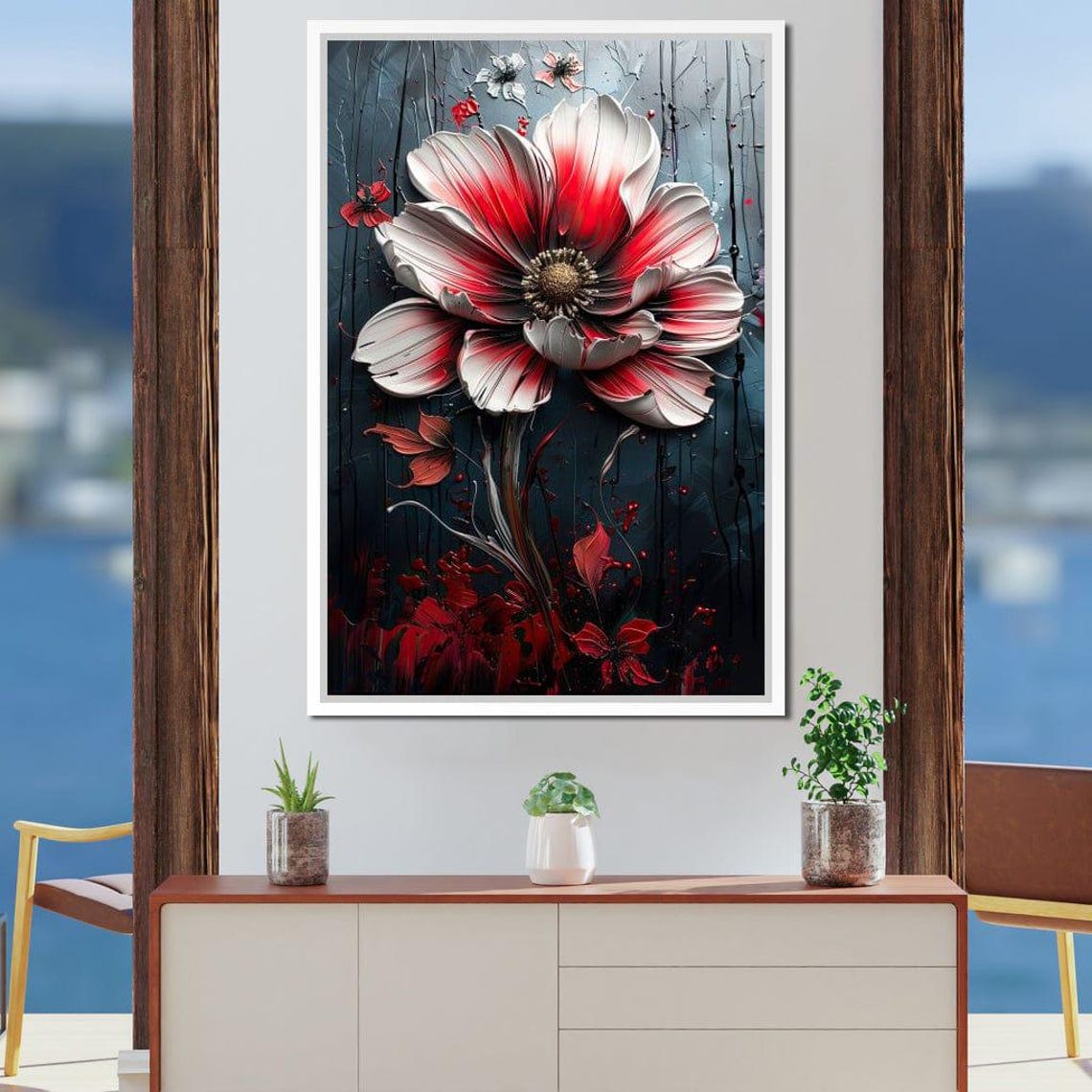 Red White Giant Blooming Flower Dark Dramatic Floral Wall Art Print - Image 3