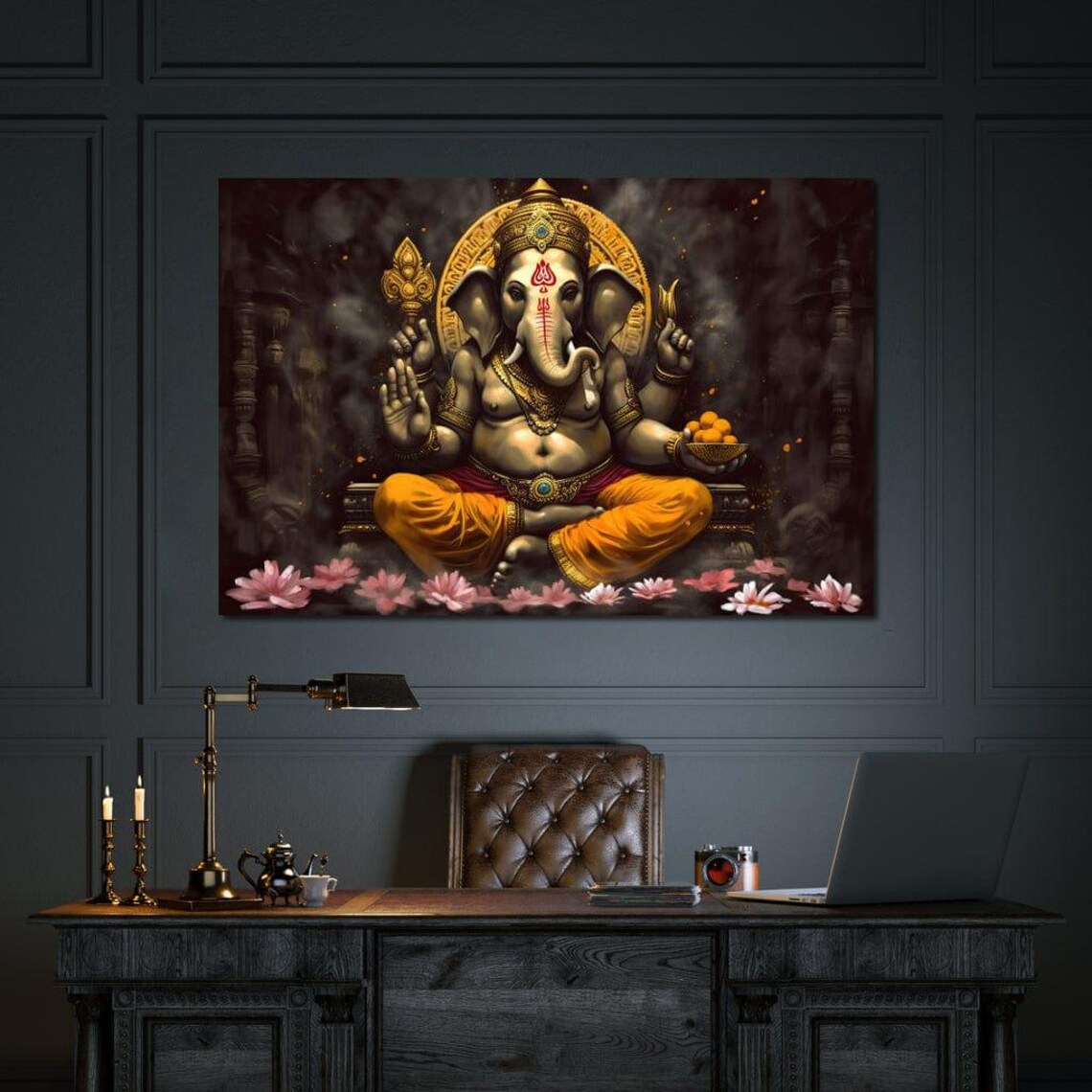 Seated Lord Ganesha Golden Halo Lotus Blossoms Divine Blessing Wall Art Poster - Image 2