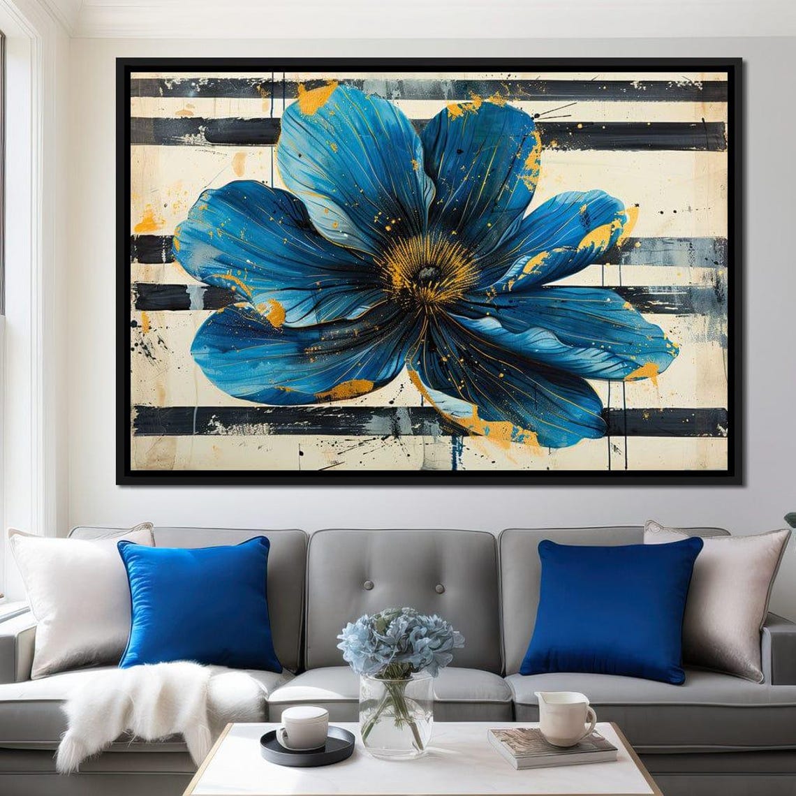 Blue Dahlia Gold Stripe Vintage Botanical Abstract Flower Print - Image 2