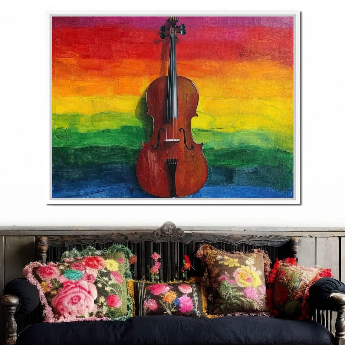 Violin Against Rainbow Bright Colorful Musical Instrument Wall Art