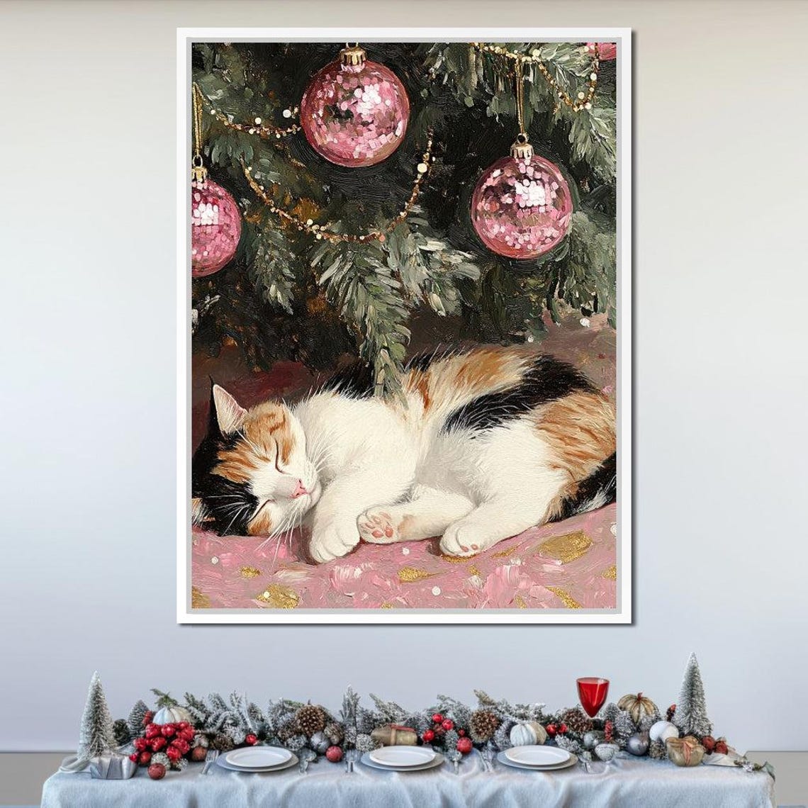 Calico Cat Sleeping Under Christmas Tree With Pink Ornaments Poster