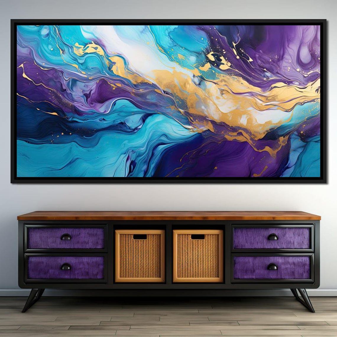 Purple Teal Gold Fluid Abstract 5 Panel Marble Wave Canvas Wall Art - Image 4