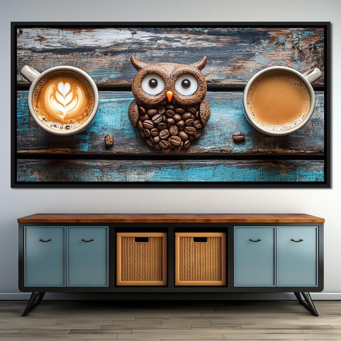 Coffee Bean Owl With Two Espresso Cups Rustic Multi Panel Poster - Image 2