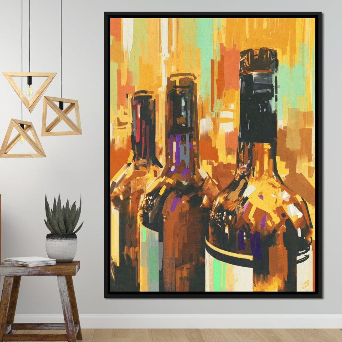 Three Wine Bottles Abstract Art Amber Oil Painting Kitchen Bar Wall Print - Image 2