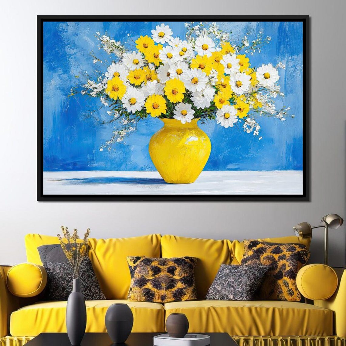 Yellow And White Daisies In A Yellow Vase Blue Floral Poster - Image 3