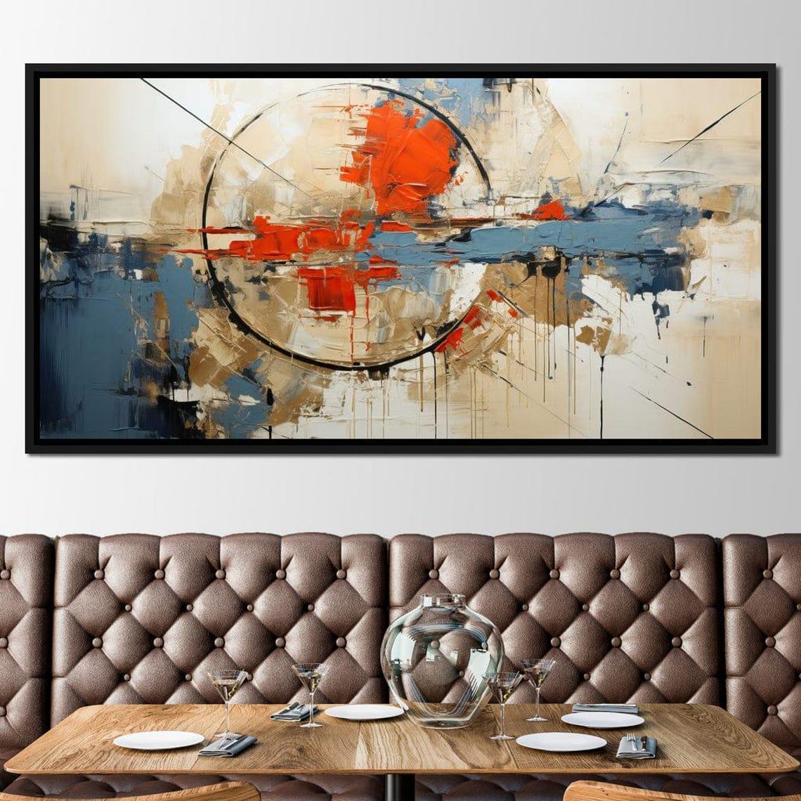 Beige Blue Orange Circle Horizon Five Panel Modern Abstract Wall Art - Image 3