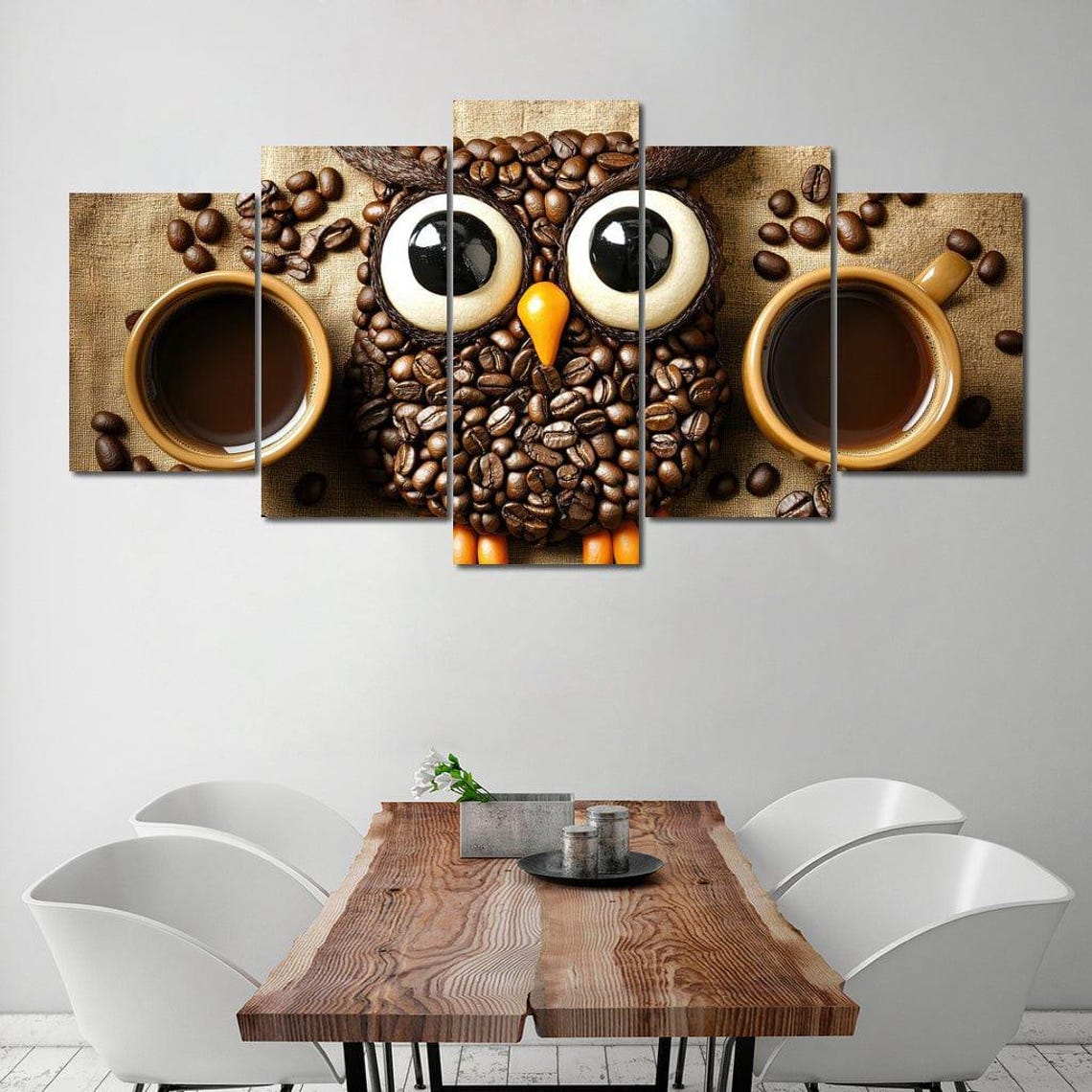 Cute Coffee Bean Owl Two Cups Rustic Burlap Kitchen Decor Wall Art - Image 3