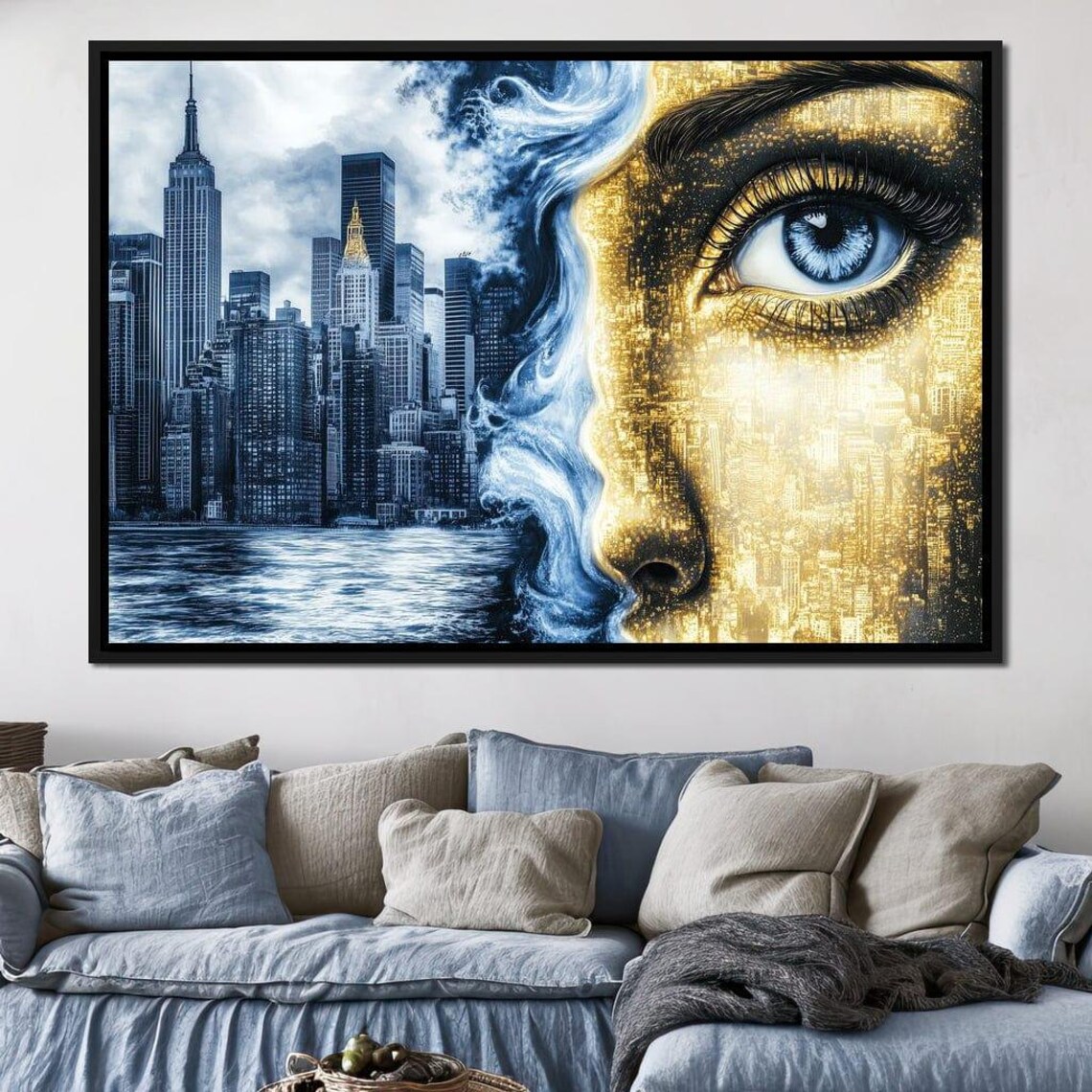 Manhattan Skyline Merging Into Golden Woman Eye Surreal Art Poster
