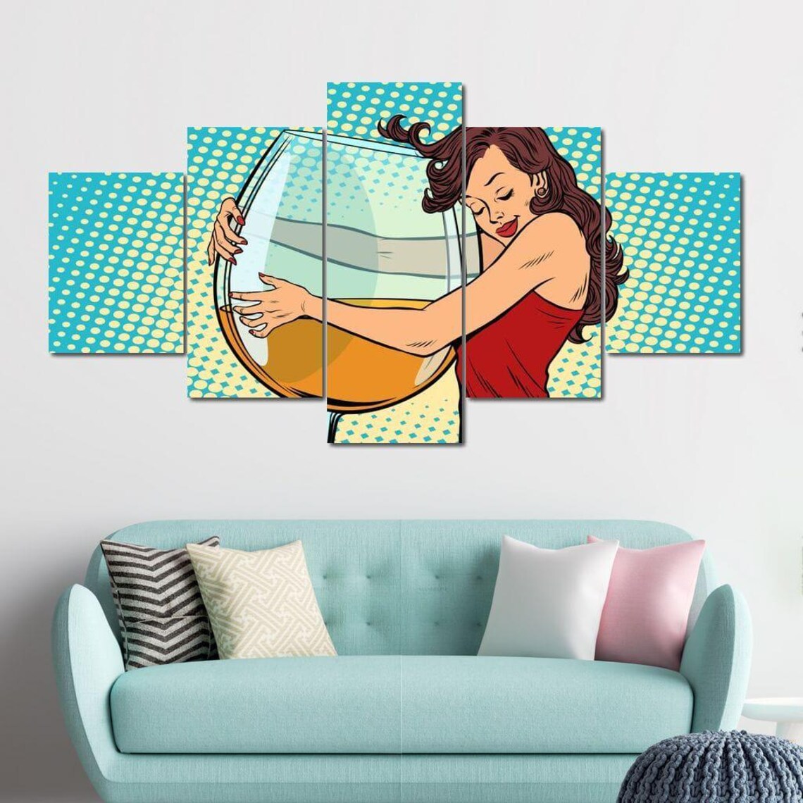 Pop Art Woman Hugging Giant Wine Glass Teal Polka Dot Fun Kitchen Poster