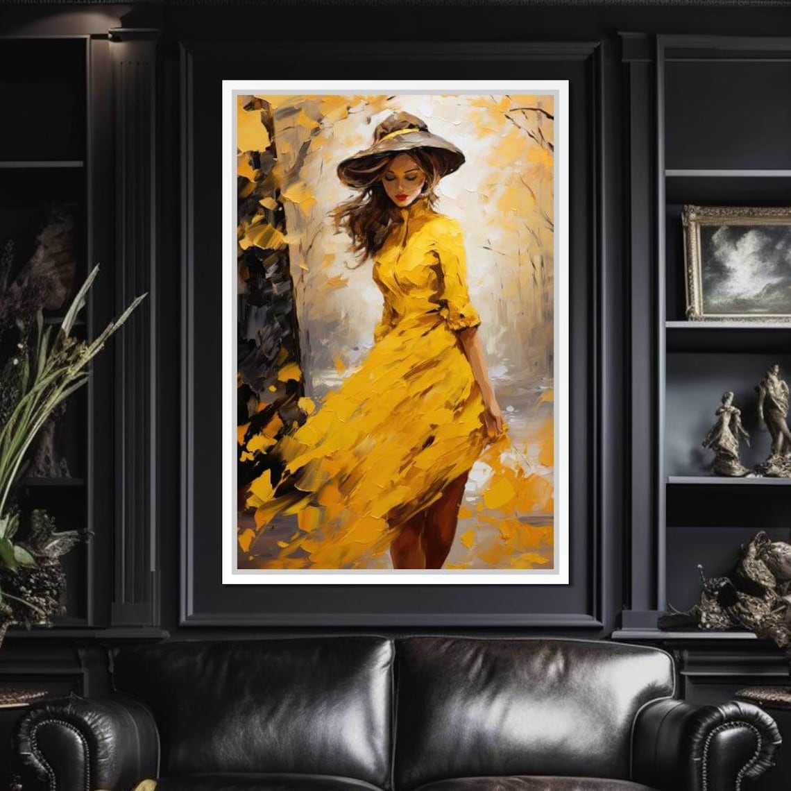 Woman Yellow Dress Straw Hat Golden Autumn Impressionist Art Print - Image 3