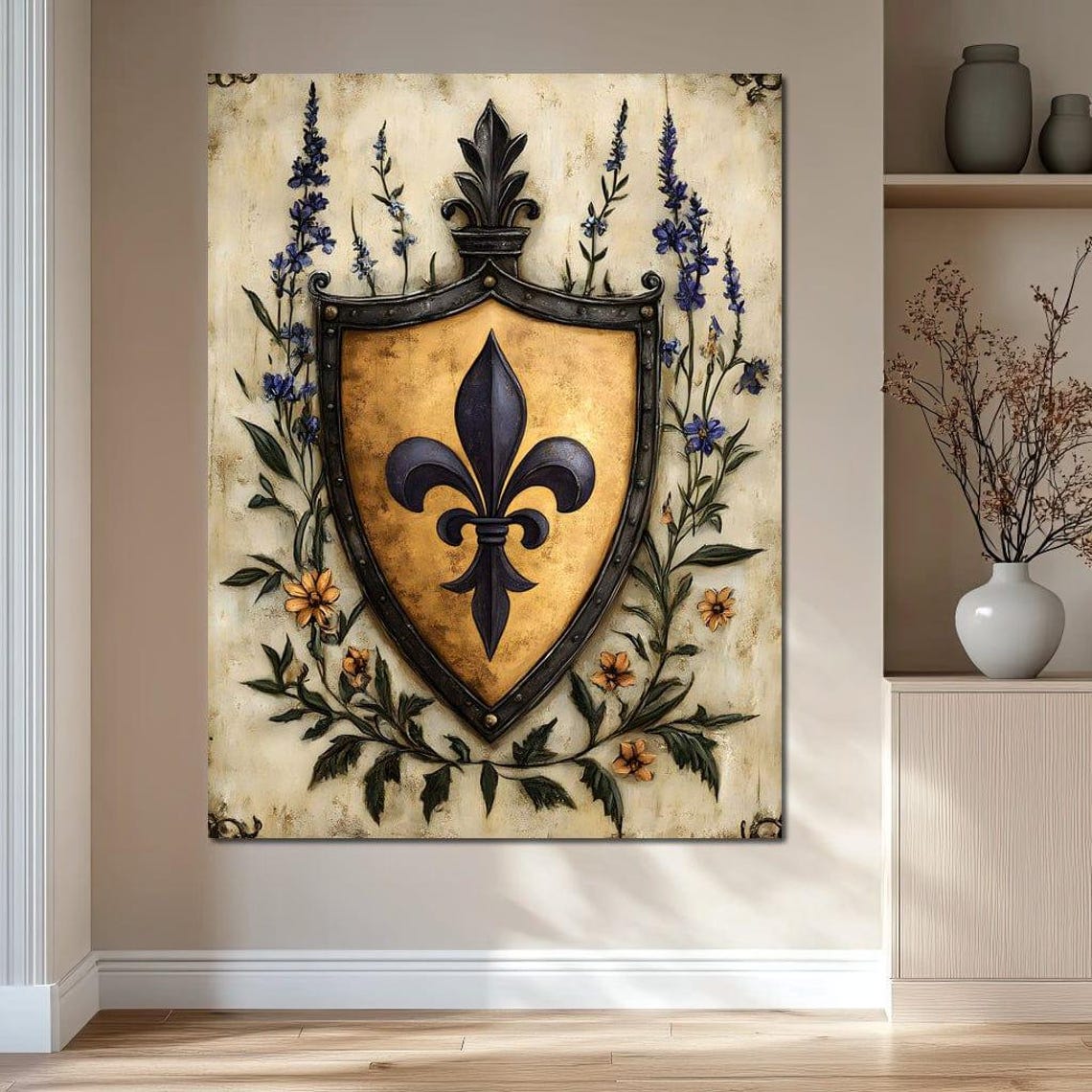 Vintage Fleur De Lys Shield with Gold and Botanical Branches Poster - Image 2