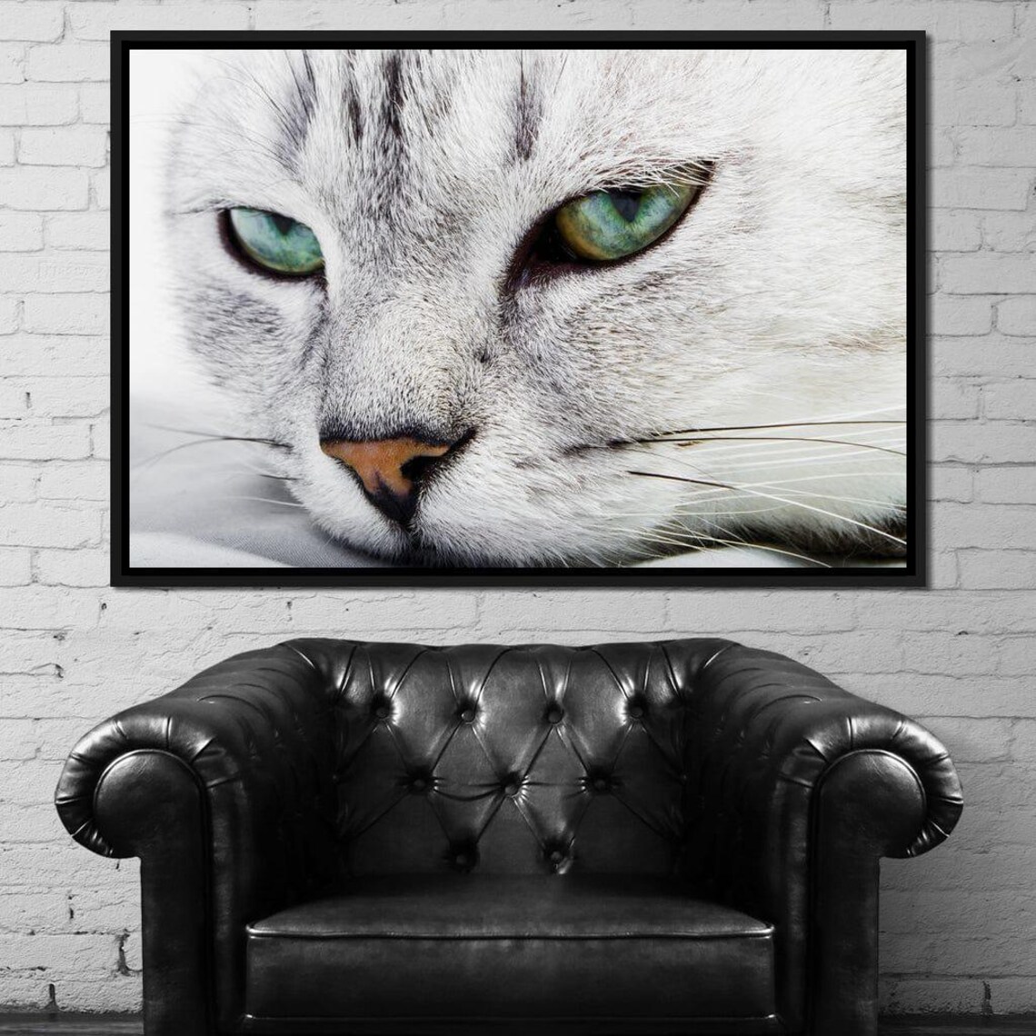White Cat Green Eyes Close Up Relaxing Feline Photography Wall Art Print - Image 2