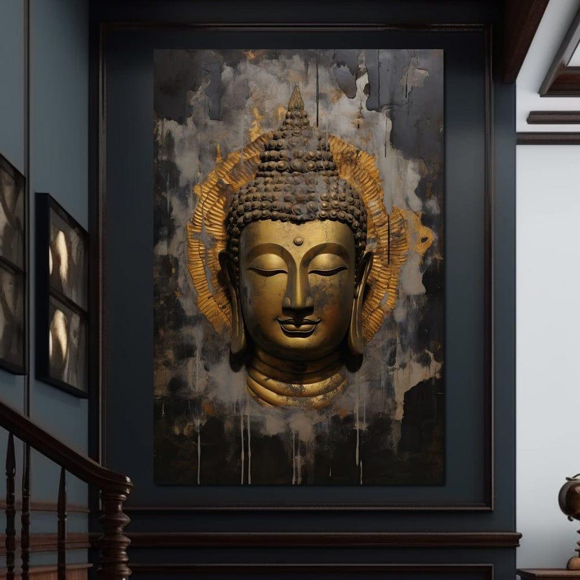 Golden Buddha Head Dark Abstract Zen Meditation Spiritual Wall Art - Image 2
