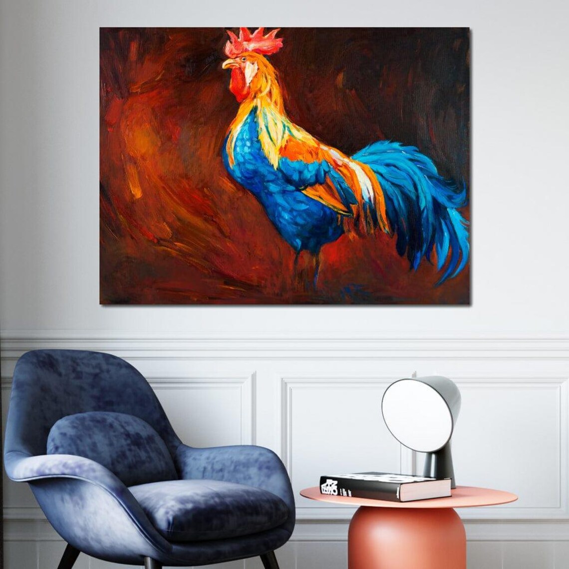 Vibrant Blue And Orange Rooster Bold Folk Art Painting Style Poster - Image 4