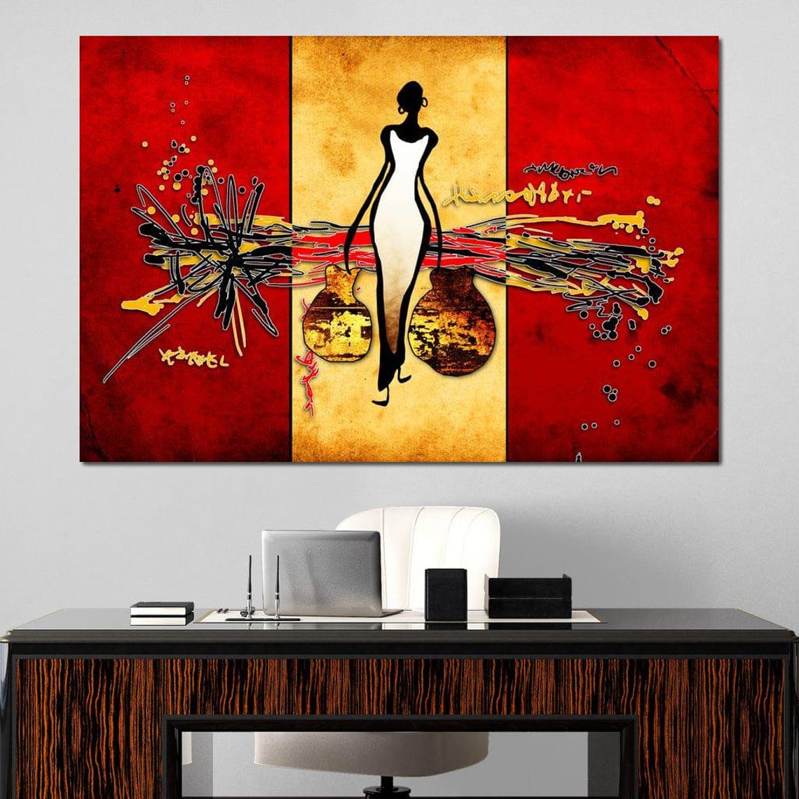 African Water Carrier Woman Bold Red Gold Silhouette Wall Art - Image 2