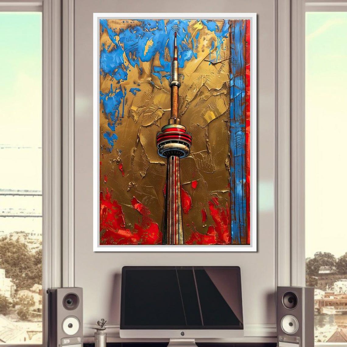 Toronto CN Tower Abstract Gold Blue Red Textured Cityscape Wall Art - Image 2