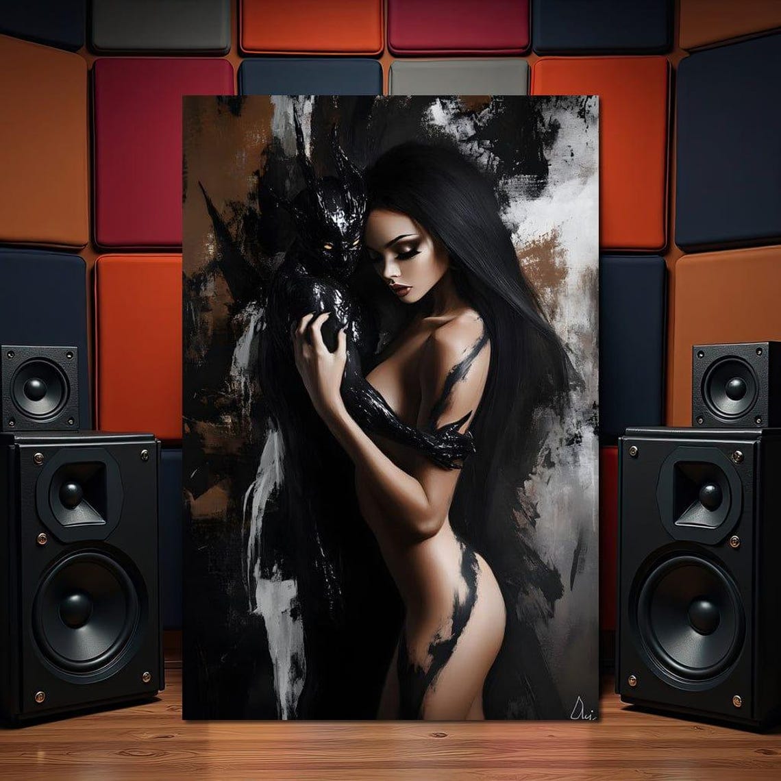 Dark Fantasy Woman Embracing Winged Creature Gothic Abstract Poster - Image 3