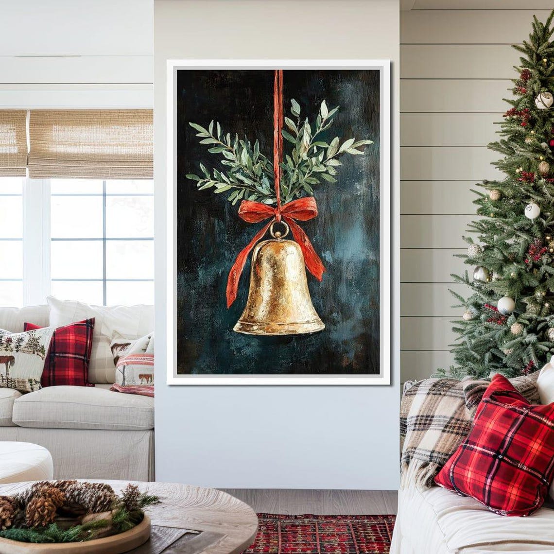 Golden Christmas Bell Hanging Red Ribbon Holly Holiday Poster - Image 2