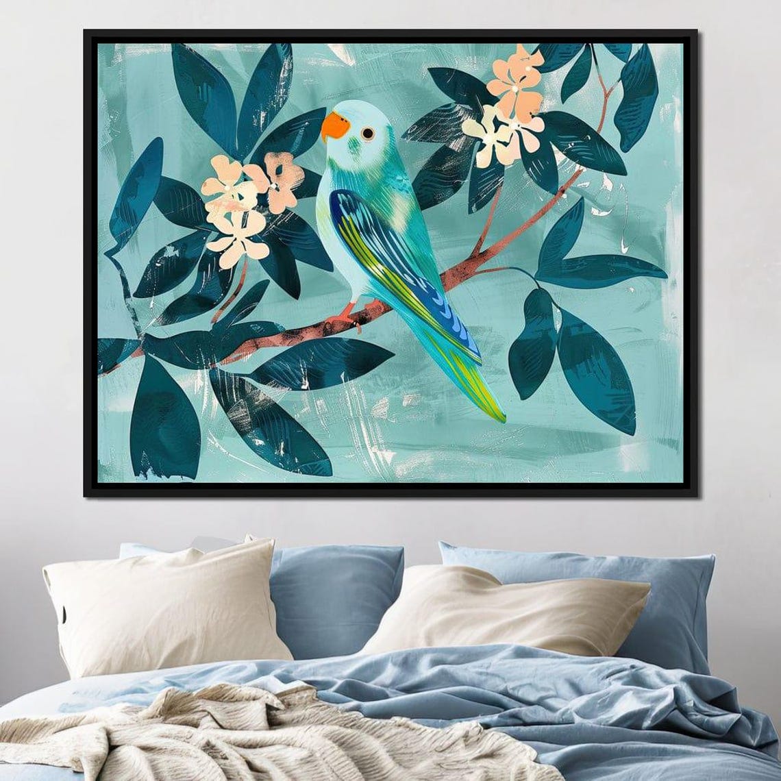 Teal Budgie Parakeet Blossom Branch Botanical Bird Art Poster - Image 4