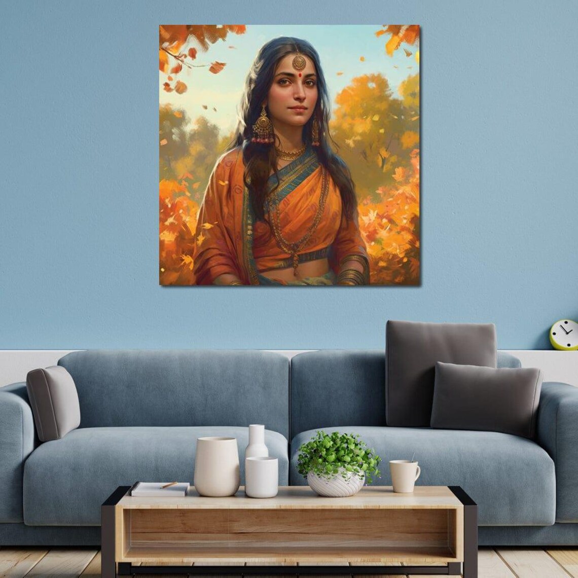 Sita Hindu Goddess Portrait Indian Art Autumn Golden Saree Wall Decor - Image 2