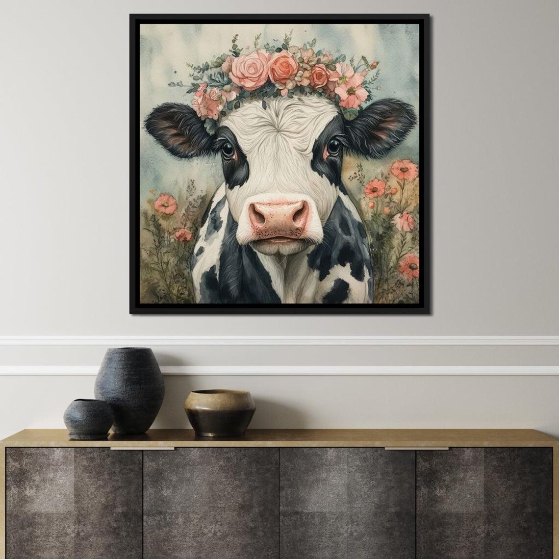 Cow Flower Crown Pink Roses Cute Black White Cow Watercolor Wall Print - Image 2