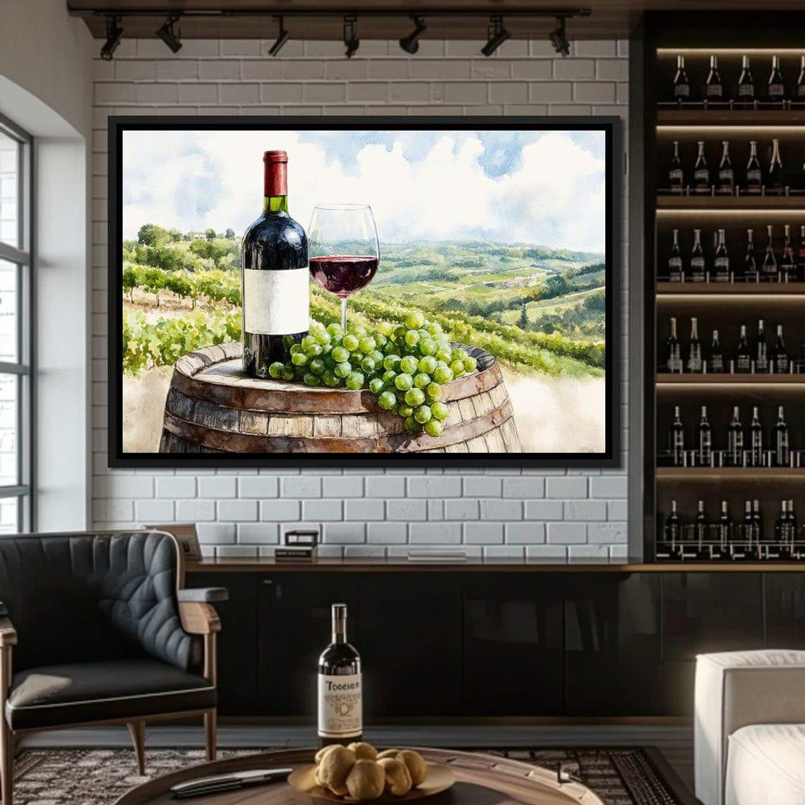 Rustic Vineyard Wine Bottle Glass Grapes Watercolor Art Poster - Image 3