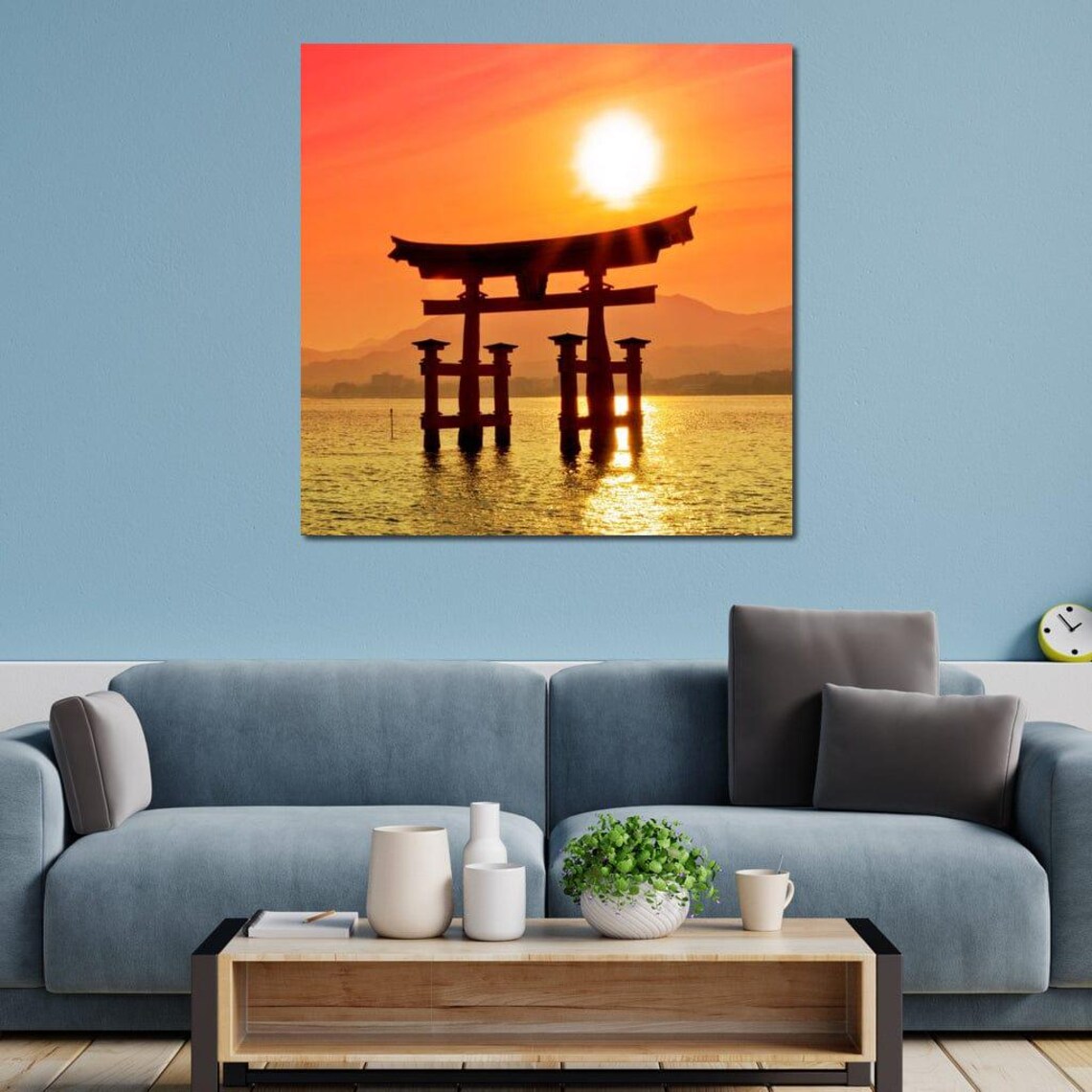 Japanese Torii Gate Silhouette Fiery Sunset Over Water Travel Poster - Image 3