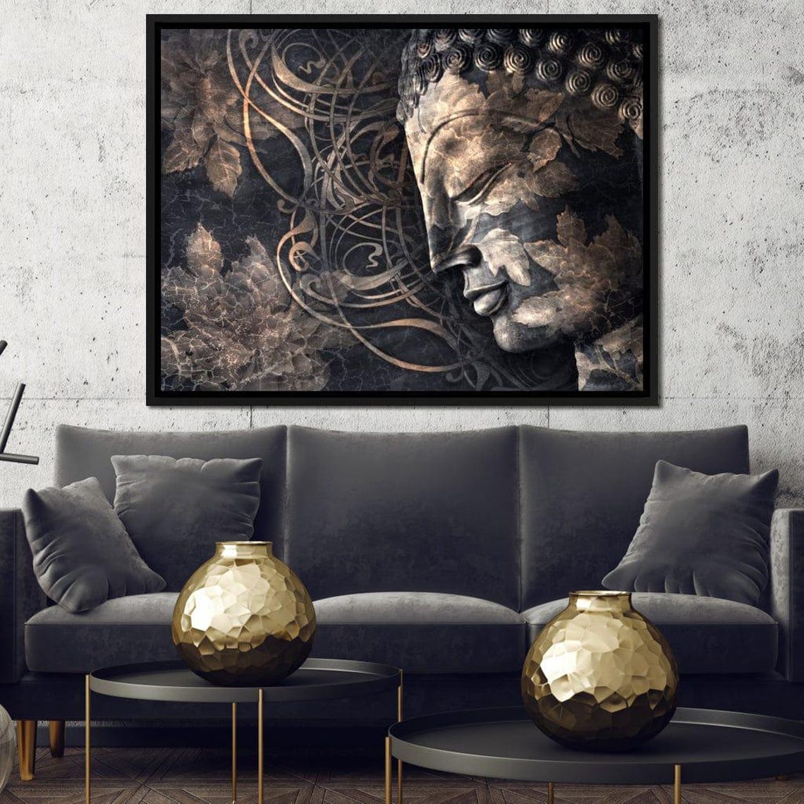Buddha Serene Profile Bronze Leaf Motifs Dark Zen Wall Art Poster - Image 2