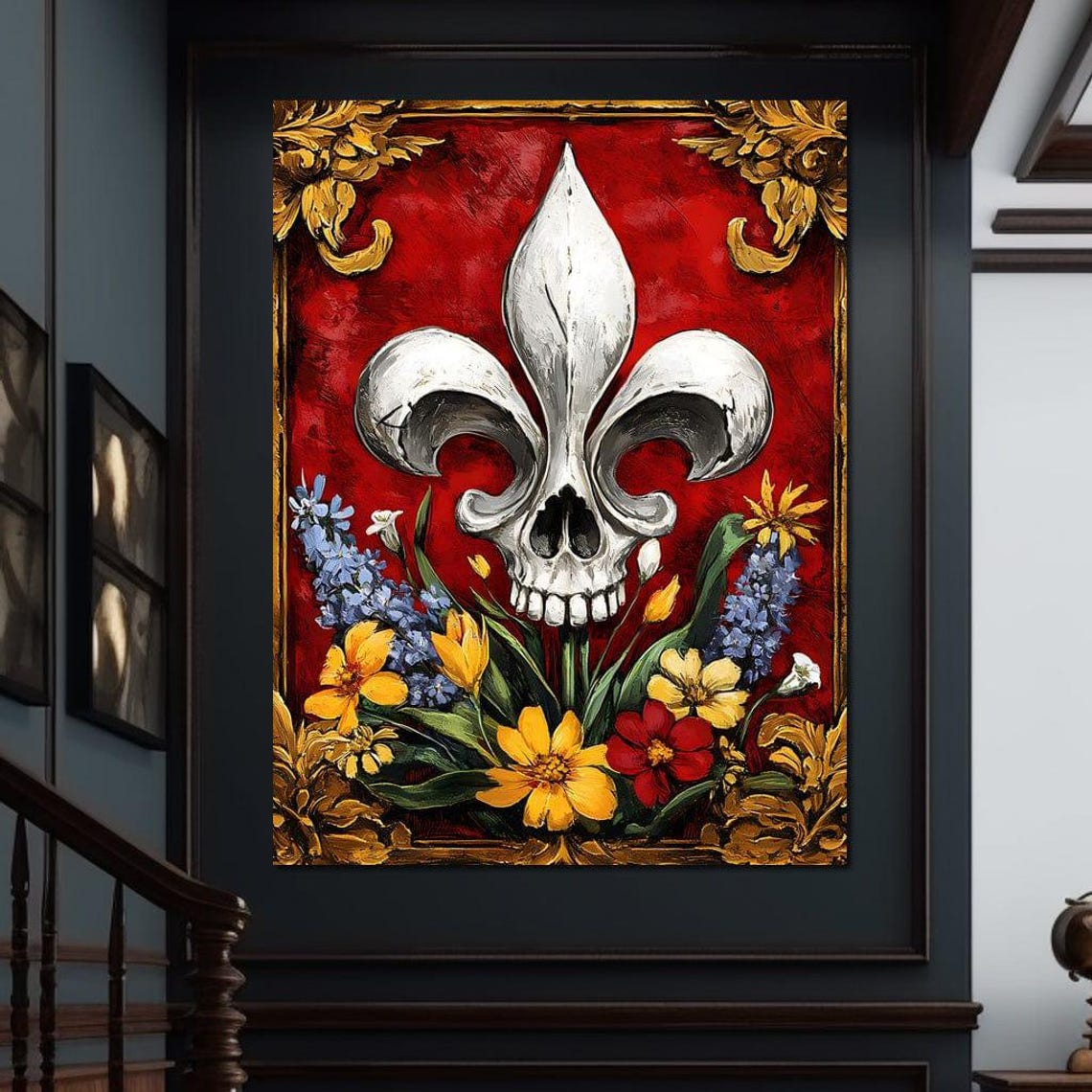 Fleur De Lys Skull Fusion with Blooming Flowers on Red Poster - Image 3