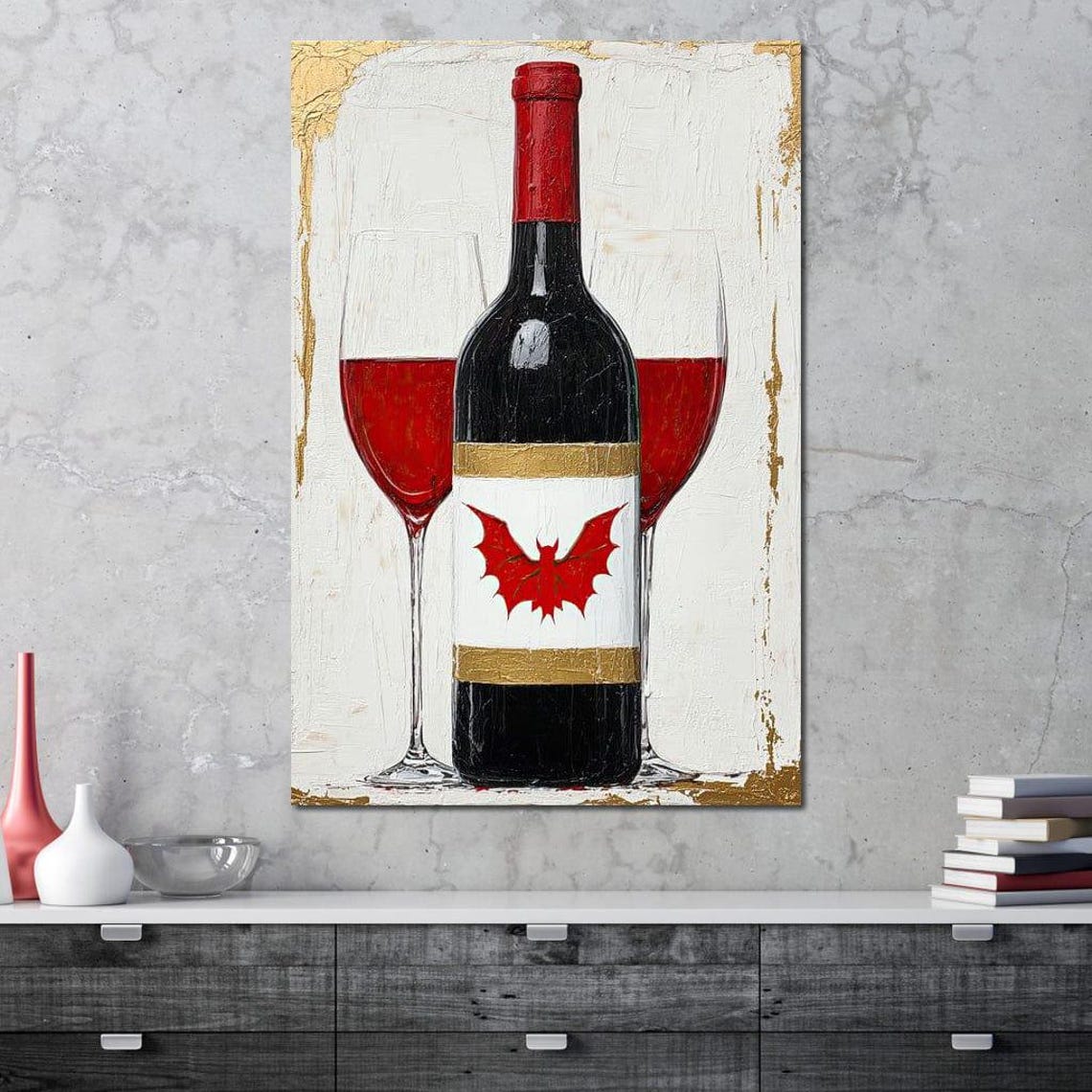Gothic Red Wine Bottle Bat Label Two Glasses Gold Kitchen Poster - Image 2