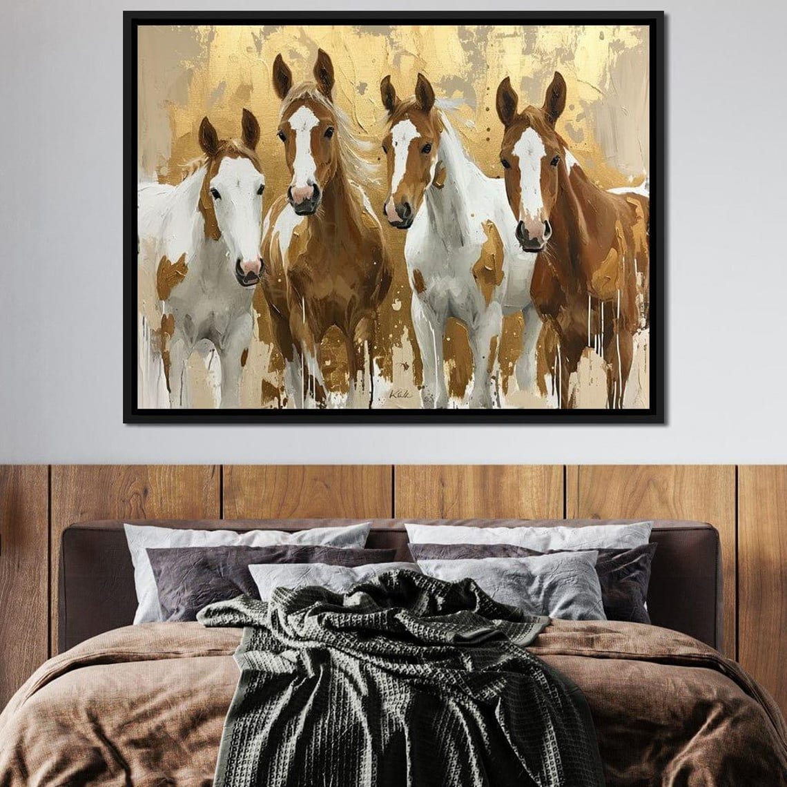 Four Horses Golden Background Elegant Equestrian Animal Art Poster - Image 4