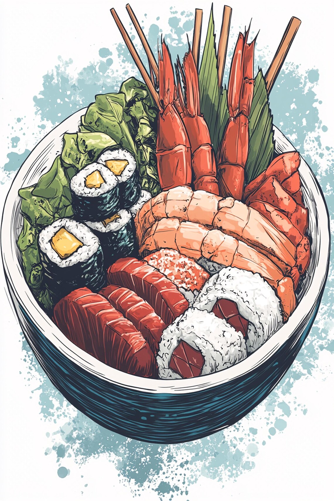 Japanese Sushi Bowl with Shrimp and Maki Illustration Poster - Image 3