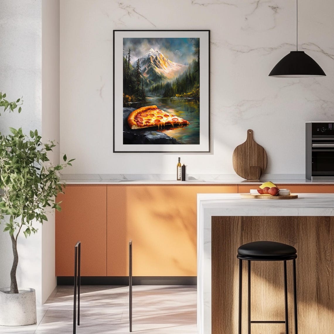 Pizza Slice In Mountain Landscape Art Print Surreal Pizza And Nature Wall Art Unique Pizza Lovers Poster Fantasy Mountain Scene - Image 2