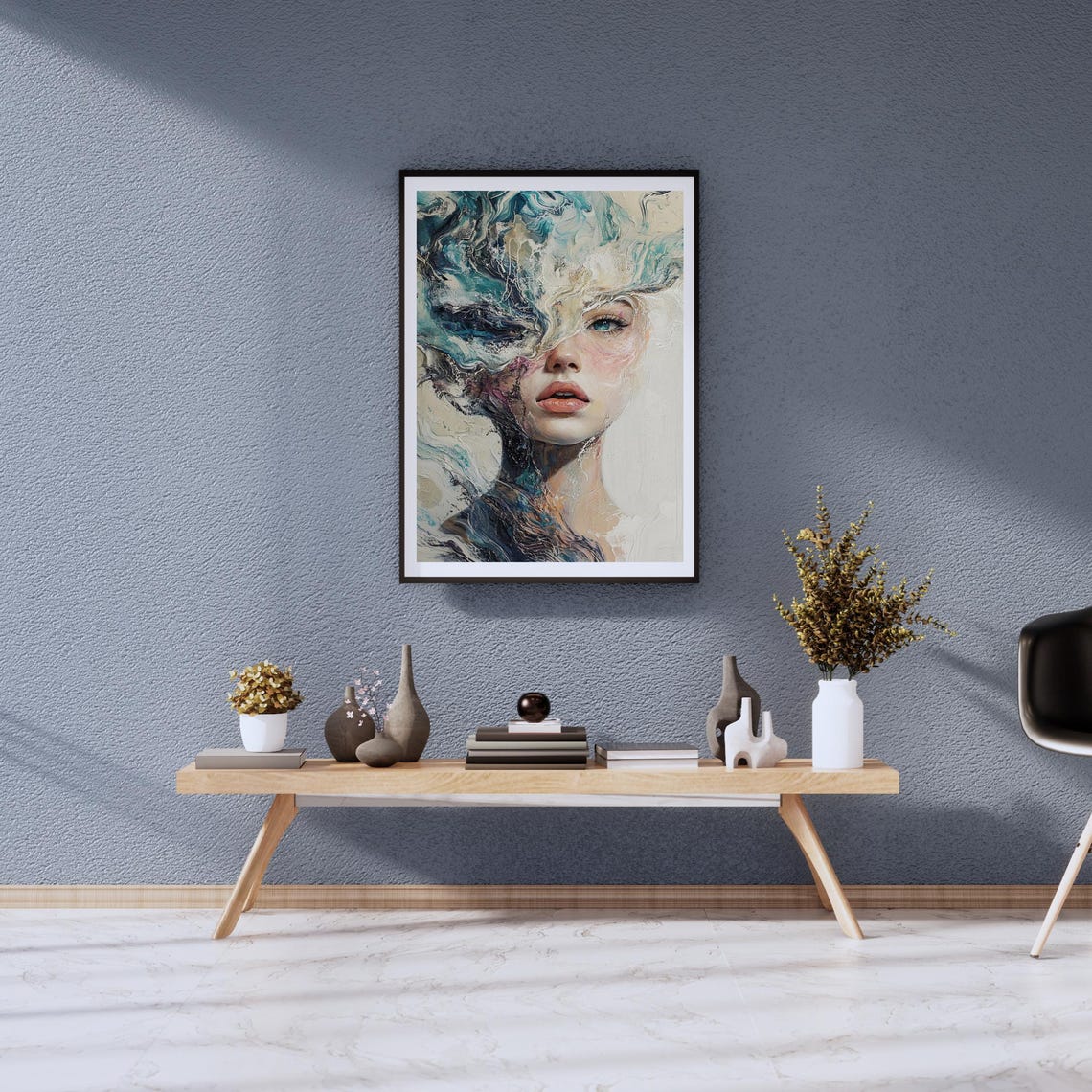Surreal Woman Portrait with Blue and Teal Marble Waves Poster - Image 2