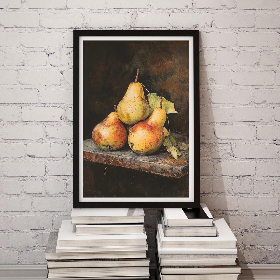 Three Golden Pears Vintage Dark Still Life Kitchen Art Poster