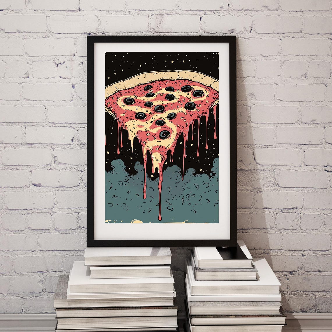 Dripping Pizza Slice Cosmic Pop Art Poster with Black Olives
