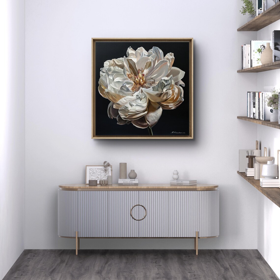 White Peony, Modern Botanical Oil Painting - Image 2