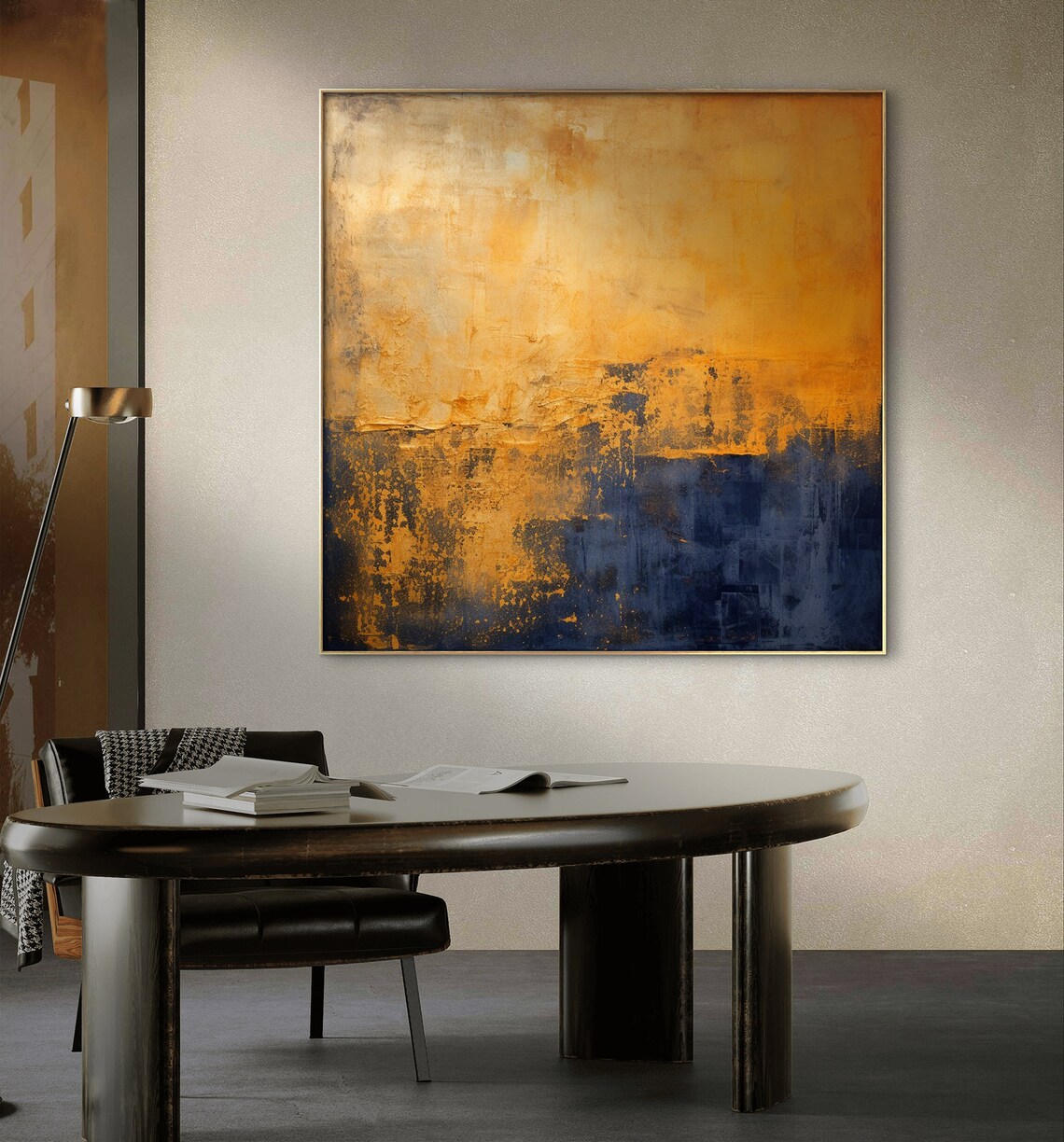 Abstract Painting, Minimalist Harmony Blue And Gold