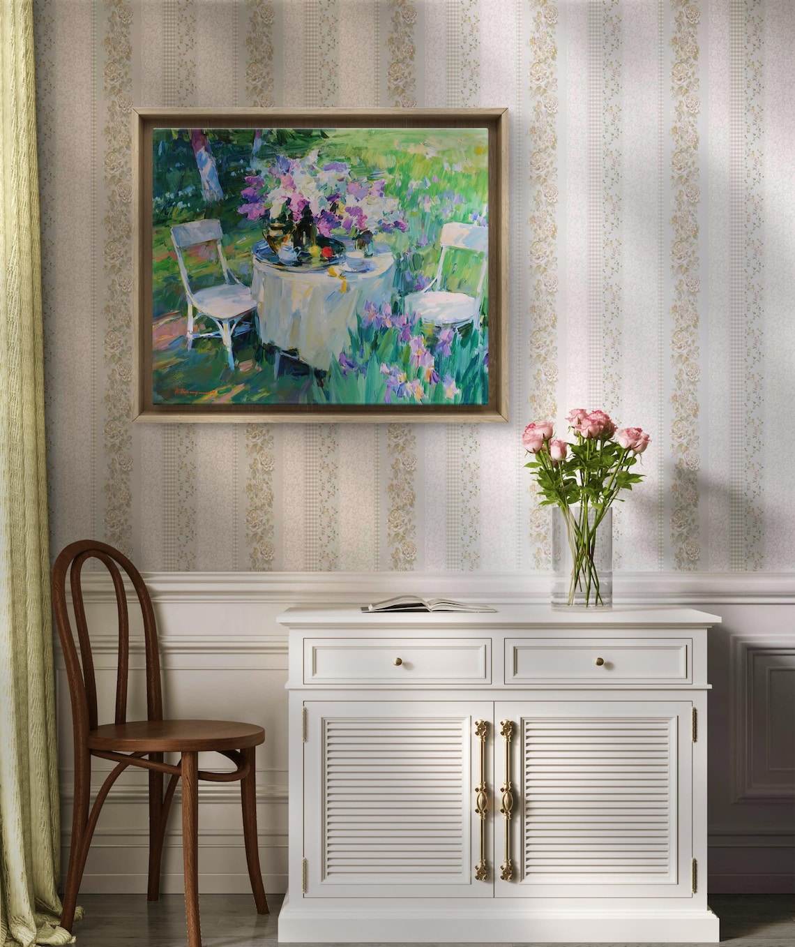 Spring Blooms And Morning Tea, Garden Oil Painting
