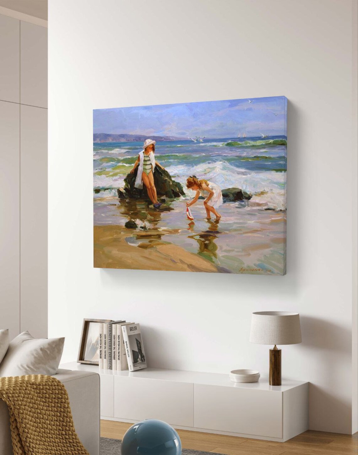 Beach Art, Original Oil Painting Of Children By The Sea - Image 2