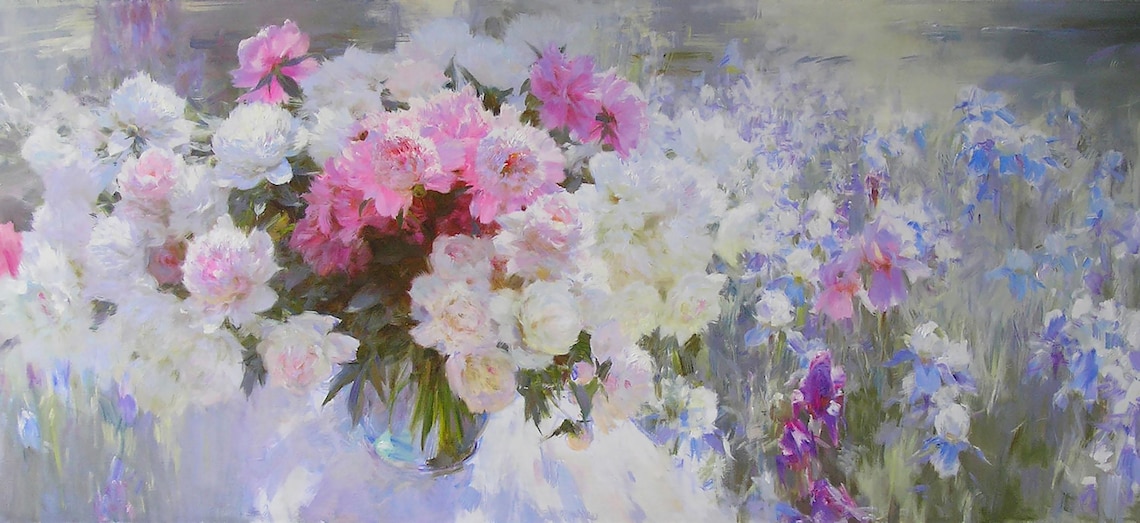 Romantic Spring Peonies And Irises Impressionist Art Print