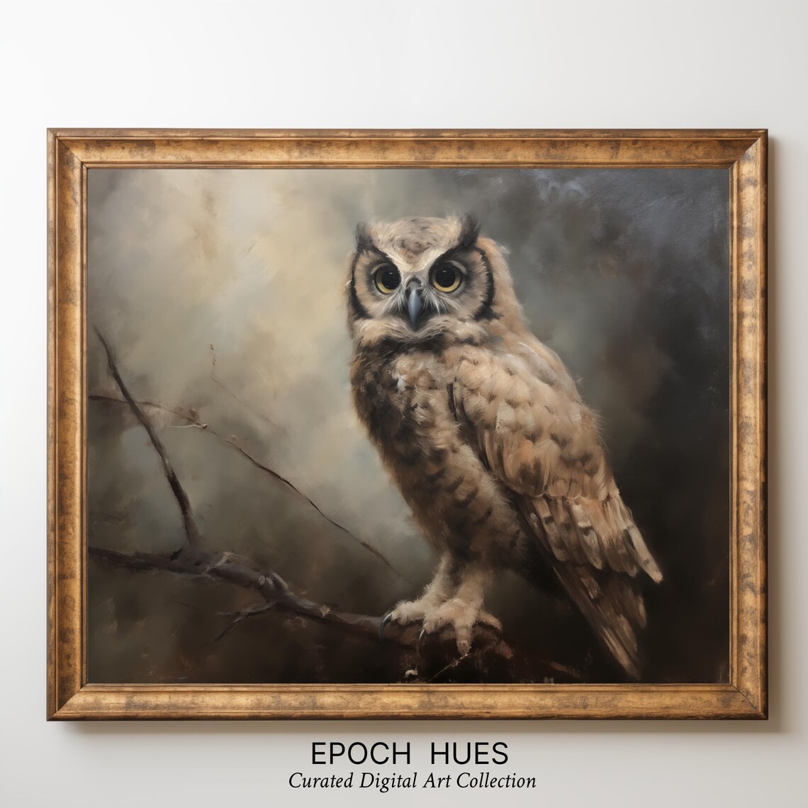 Great Horned Owl Perched on Branch Moody Wildlife Art Poster - Image 3