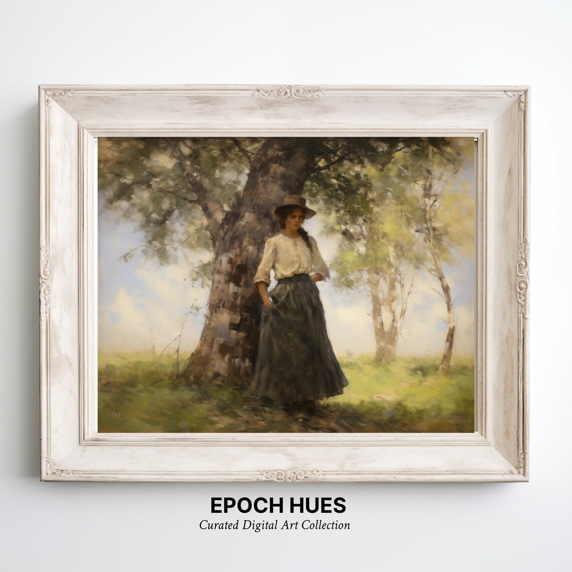 Woman With Hat Under Grand Oak Tree Pastoral Portrait Painting Poster - Image 2