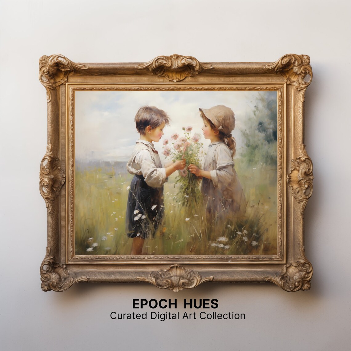 Boy And Girl Sharing Wildflowers Sunny Meadow Painting Wall Art - Image 2