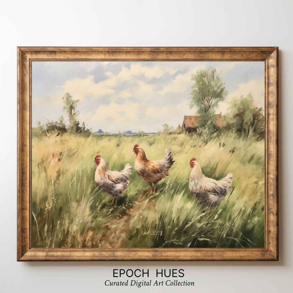 Three Hens in Tall Meadow Grass Country Farm Painting Poster - Image 3